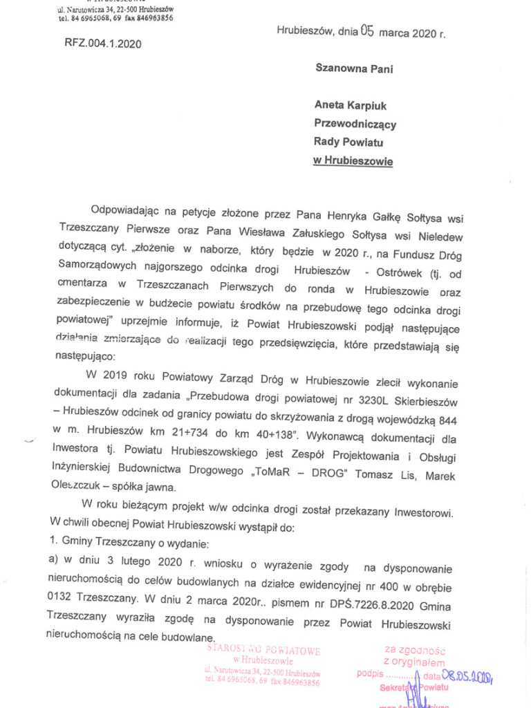 Dlaczego nie otrzymaliśmy dofinansowania? Radni z Trzeszczan piszą do wojewody w sprawie braku środków na remont drogi Hrubieszów - Skierbieszów - ZDJĘCIA