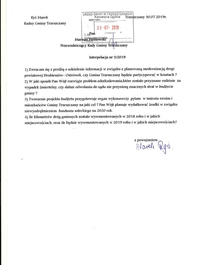 Odpowiedź wojewody na pismo radnych z Trzeszczan w sprawie drogi Hrubieszów - Skierbieszów - ZDJĘCIA