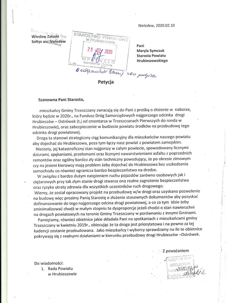 Odpowiedź wojewody na pismo radnych z Trzeszczan w sprawie drogi Hrubieszów - Skierbieszów - ZDJĘCIA