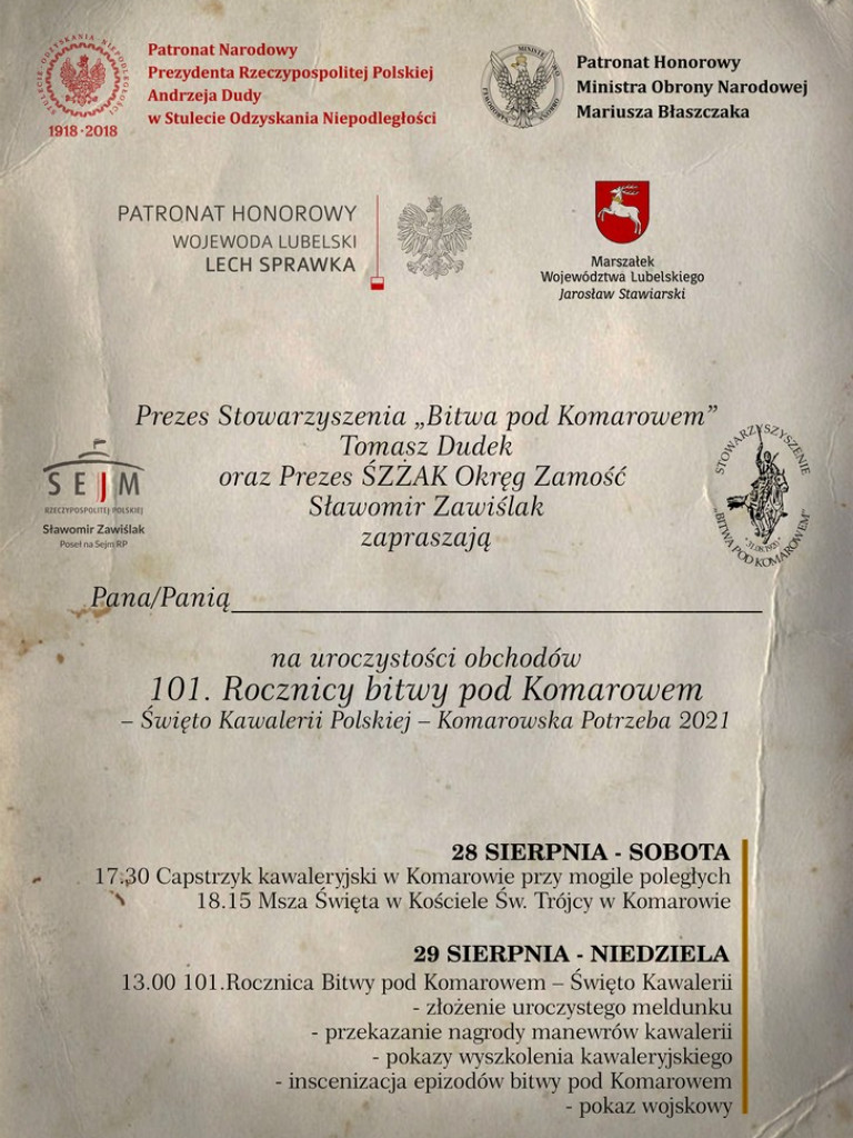 101 rocznica bitwy pod Komarowem - Święto Kawalerii Polskiej - Komarowska Potrzeba 2021
