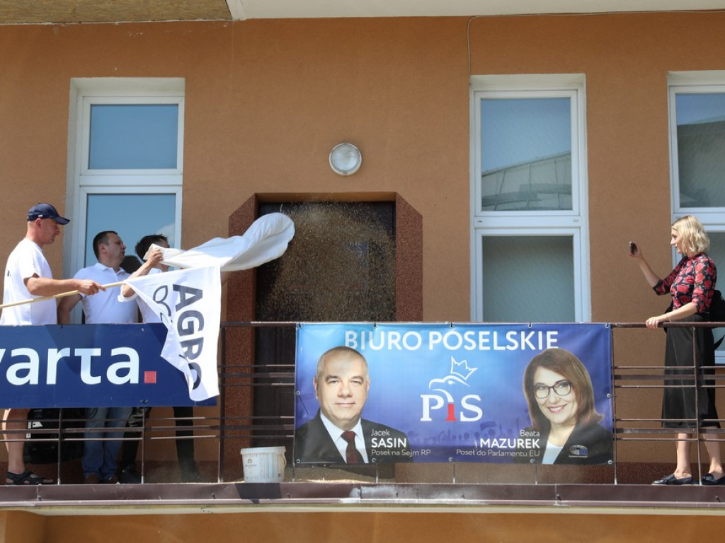Protest Agrounii w Hrubieszowie - zboże rozsypane przed biurem poselskim Jacka Sasina [ZDJĘCIA, WIDEO]