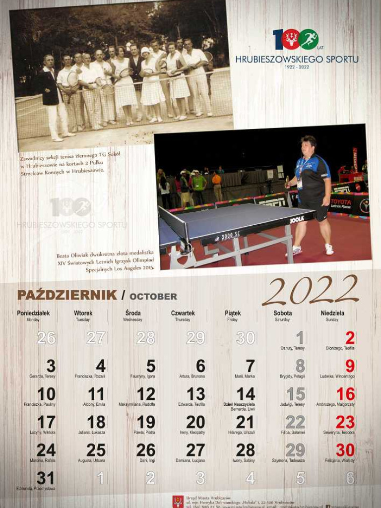 100 lat hrubieszowskiego sportu. Kalendarz sportowy 2022. Październik