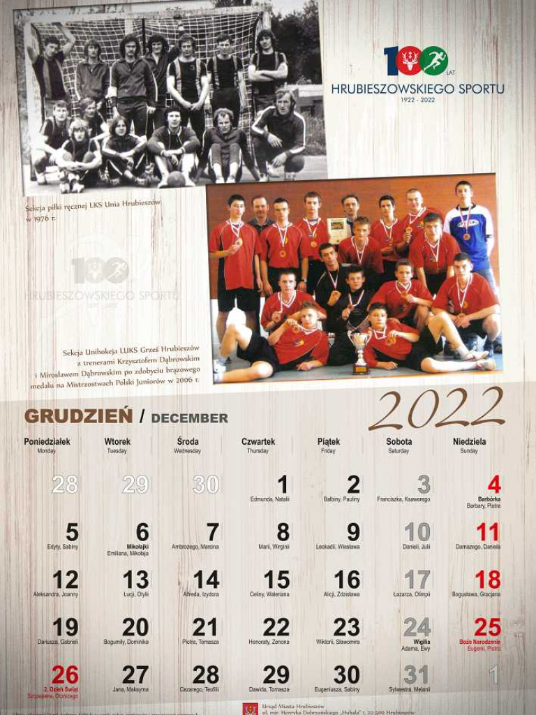 100 lat hrubieszowskiego sportu. Kalendarz sportowy 2022 r. Grudzień