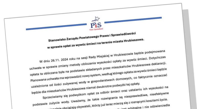 Stanowisko Zarządu Powiatowego Prawa i Sprawiedliwości w sprawie opłat za wywóz śmieci na terenie miasta Hrubieszowa